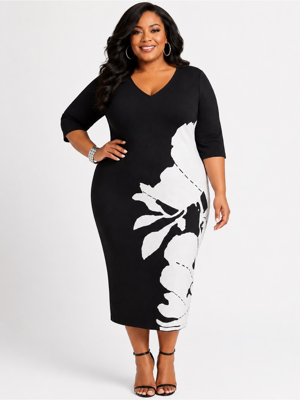 Ashley Stewart‎ Black Midi Dress with White Floral